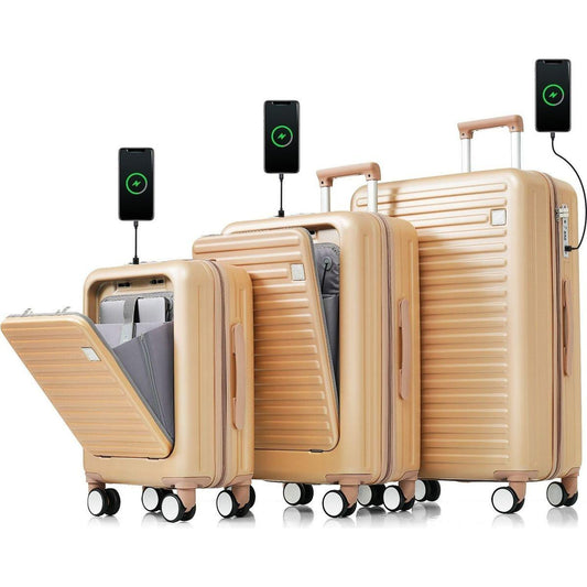 Luggage Set of 3, 20, 24, 28inch with USB Port, 20, 24inch with front opening design Airline Certified Carry on Luggage with Cup Holder, ABS Hard Shell Luggage with Spinner Wheels, Champagne