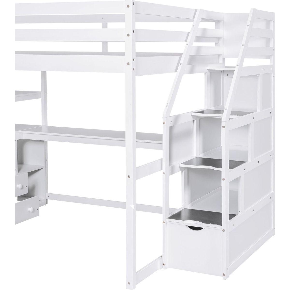 Full Size Loft Bed with Desk and Shelves, Two Built-in Drawers, Storage Staircase, White