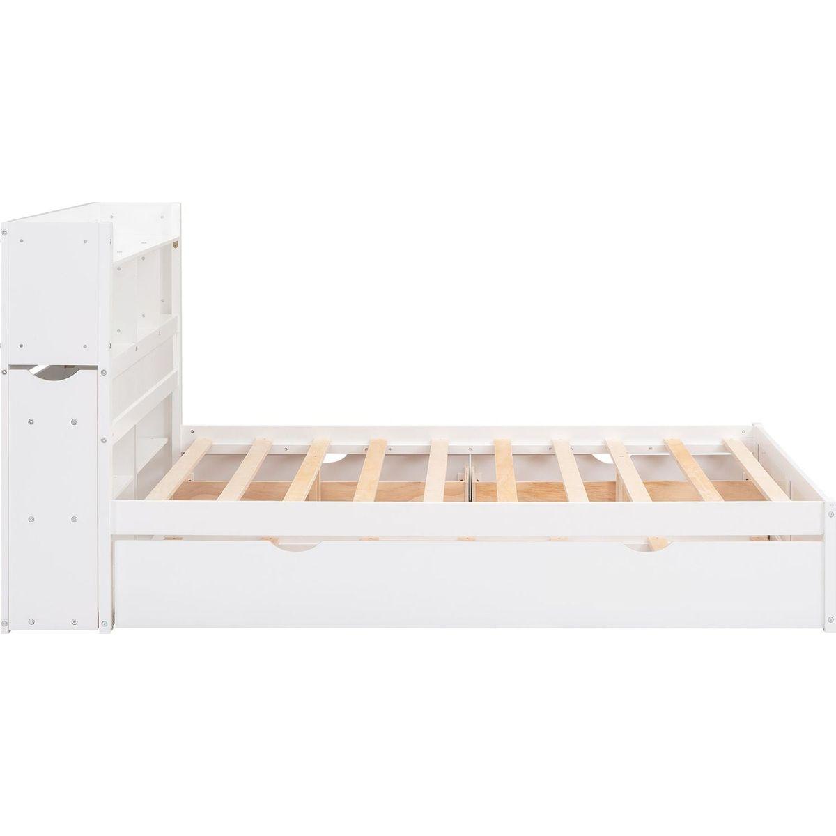 Full Size Storage Platform Bed with Pull Out Shelves, Twin Size Trundle and 2 Drawers, White