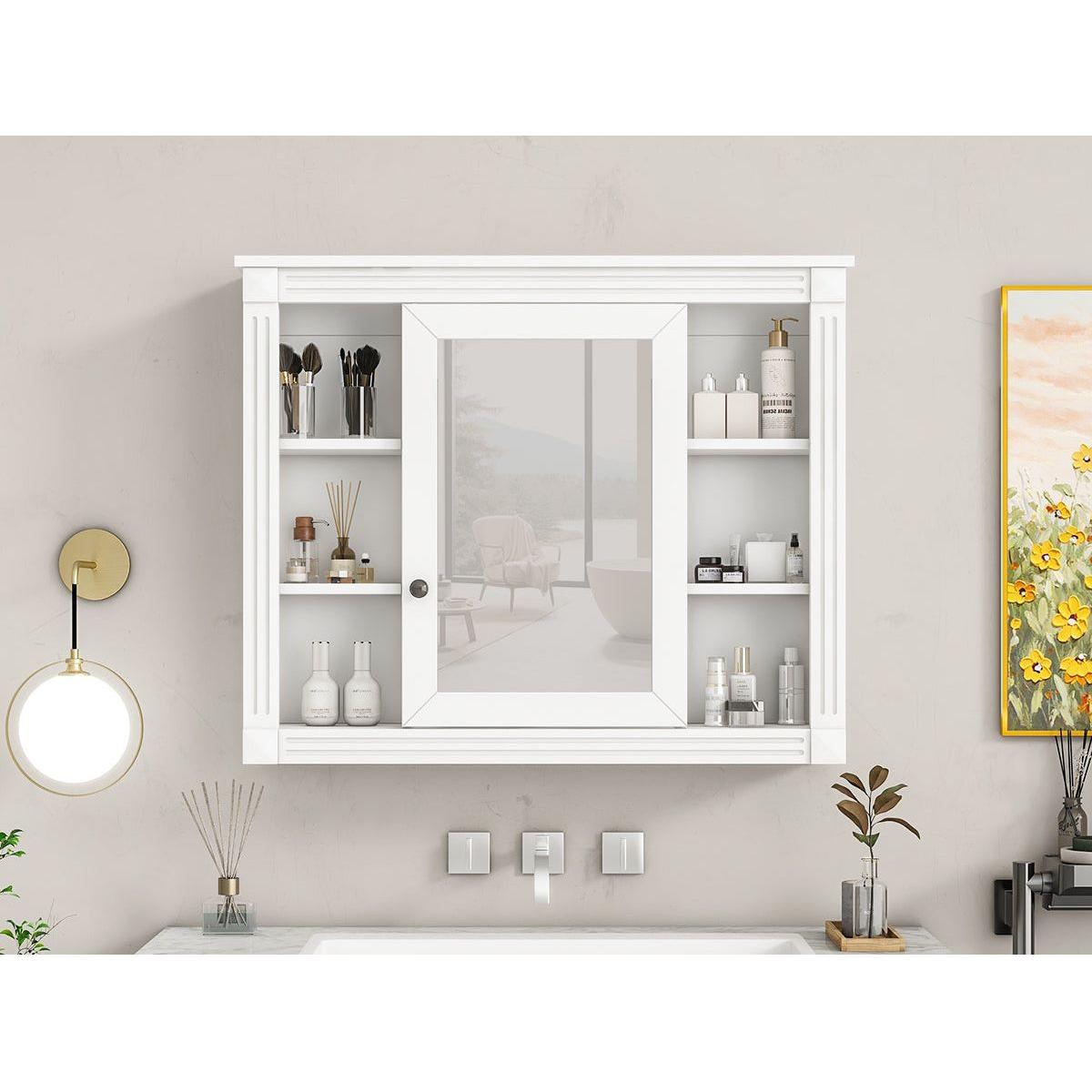 35" x 28" Wall Mounted Bathroom Storage Cabinet, Medicine Cabinet, Modern Bathroom Wall Cabinet with Mirror, Mirror Cabinet with 6 Open Shelves (Not Include Bathroom Vanity)