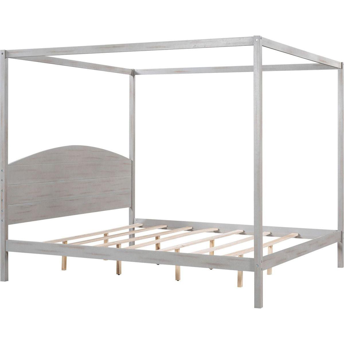 King Size Canopy Platform Bed with Headboard and Support Legs, Grey Wash