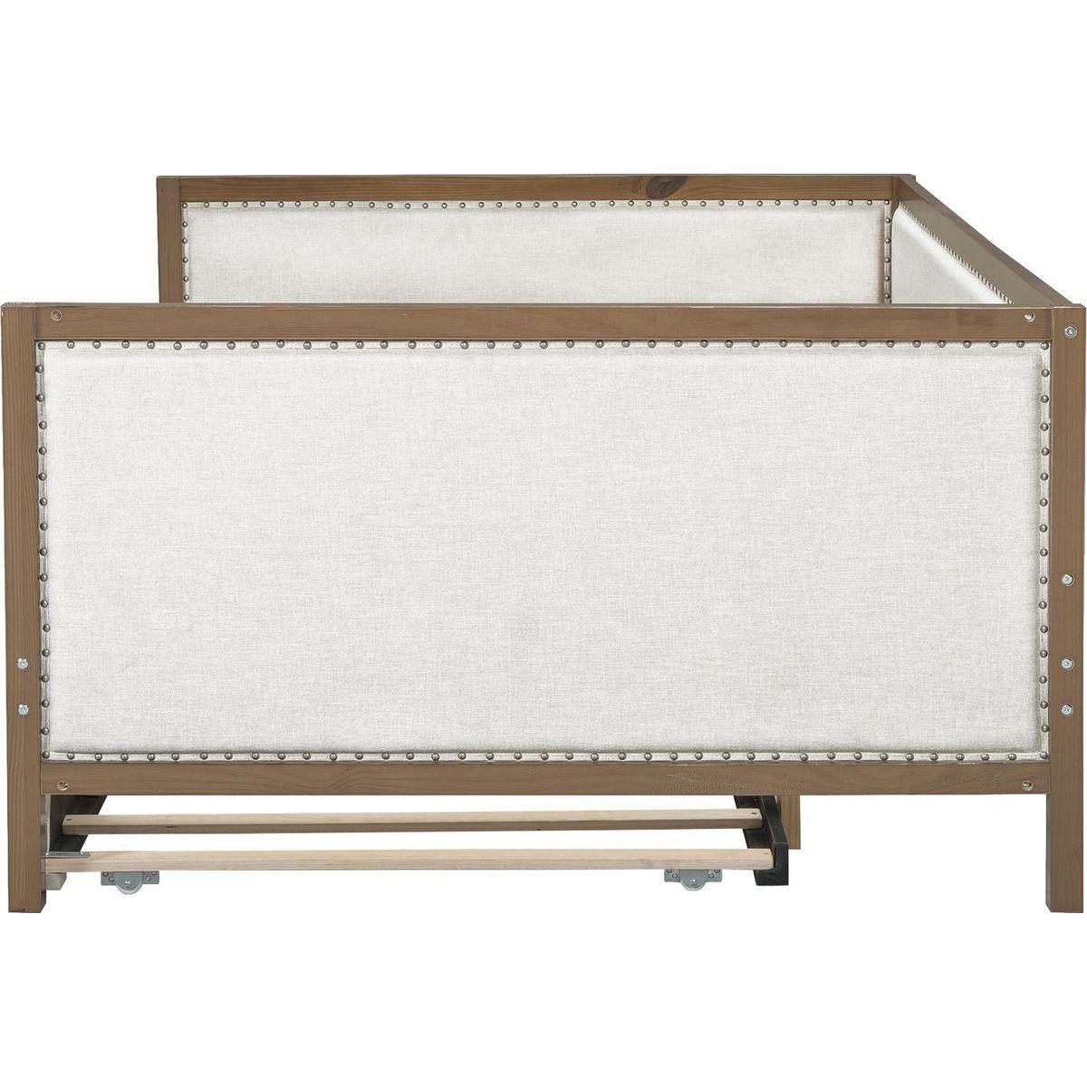 Full Size Upholstered Daybed with Trundle and Nailhead Decoration, Wood Color