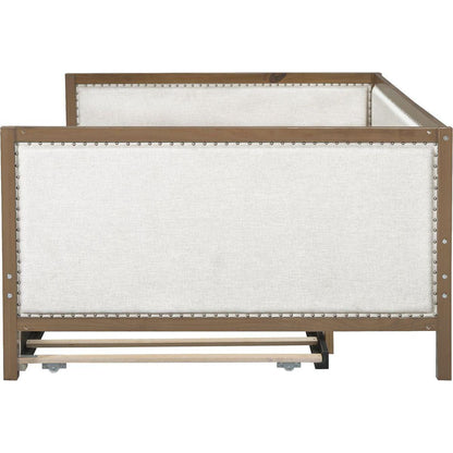 Full Size Upholstered Daybed with Trundle and Nailhead Decoration, Wood Color