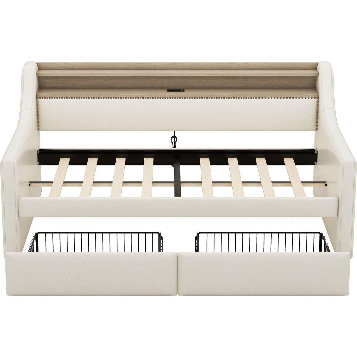 Twin Size Daybed with Storage Drawers, Upholstered Daybed with Charging Station and LED Lights, Beige