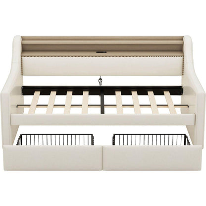 Twin Size Daybed with Storage Drawers, Upholstered Daybed with Charging Station and LED Lights, Beige