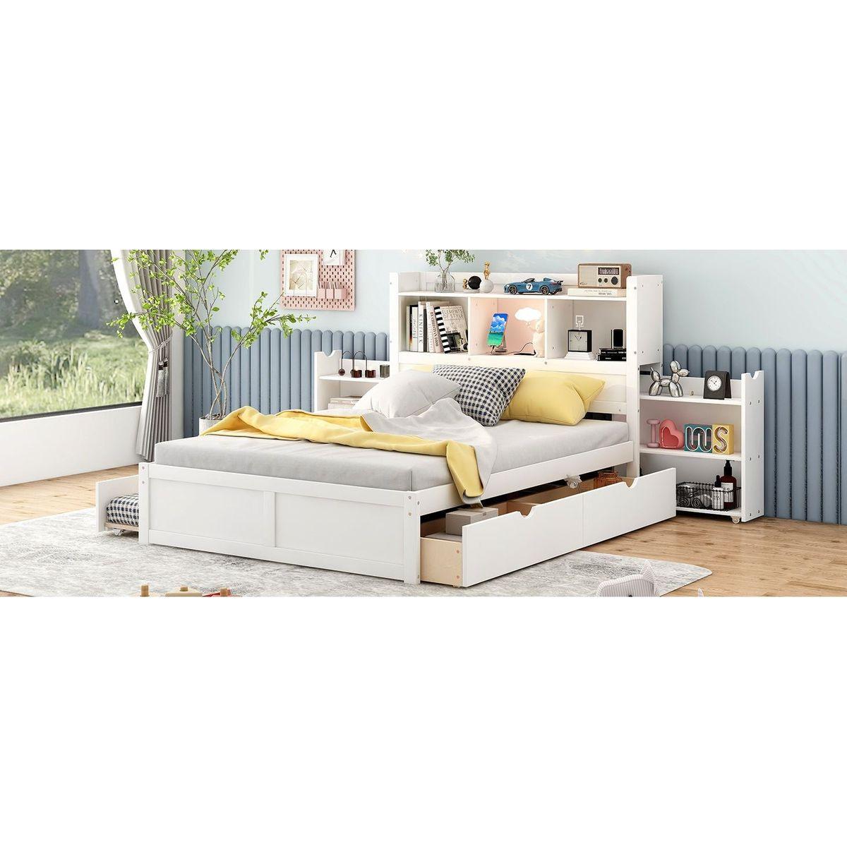 Full Size Storage Platform Bed with Pull Out Shelves, Twin Size Trundle and 2 Drawers, White