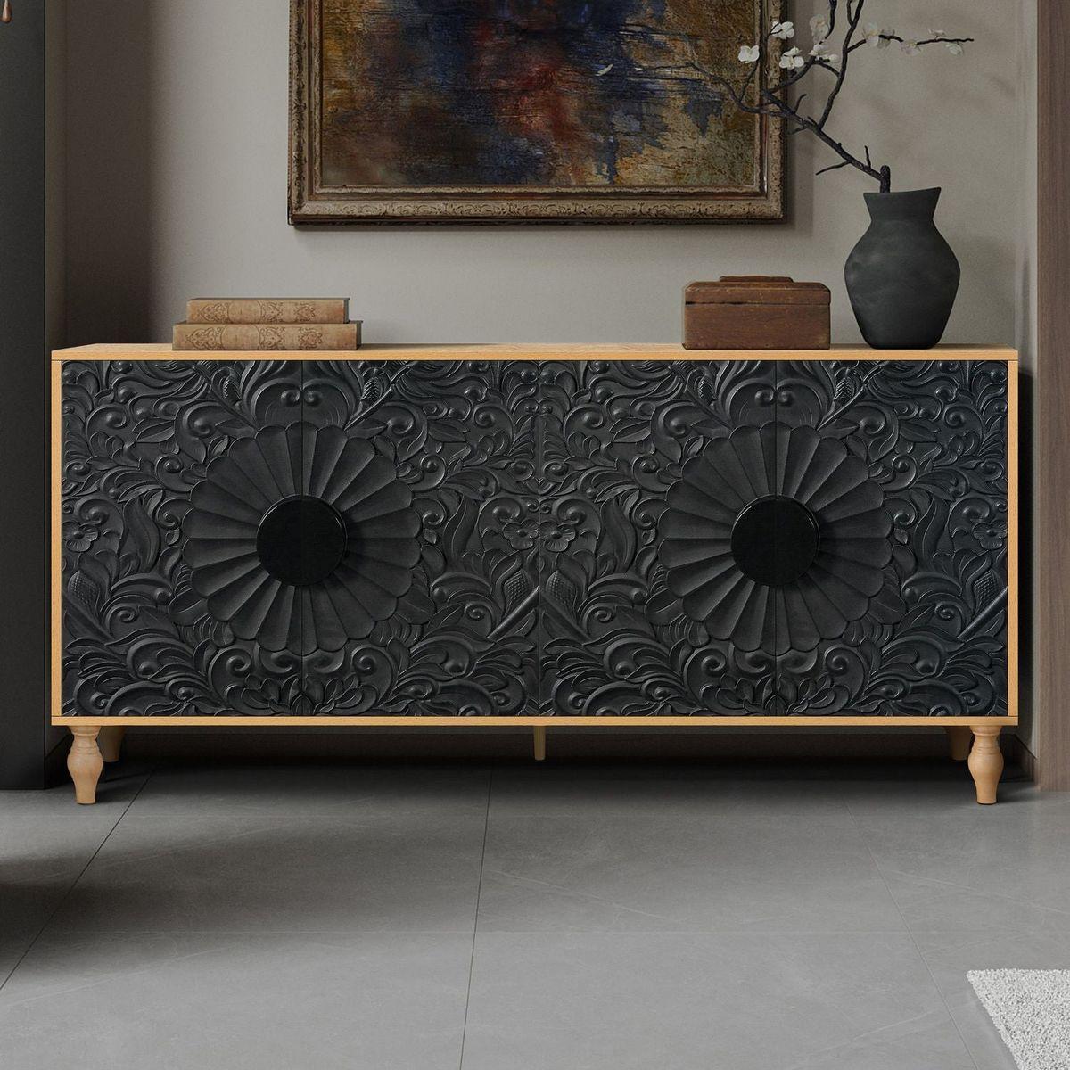Black Carved Symmetrical Design Door And Wood Coloured Frame For TV Stand Table,Living Room, Entryway