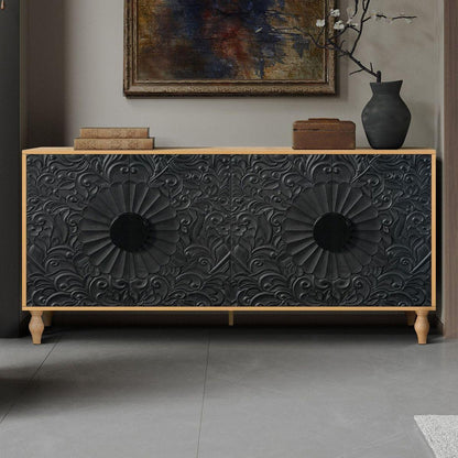 Black Carved Symmetrical Design Door And Wood Coloured Frame For TV Stand Table,Living Room, Entryway