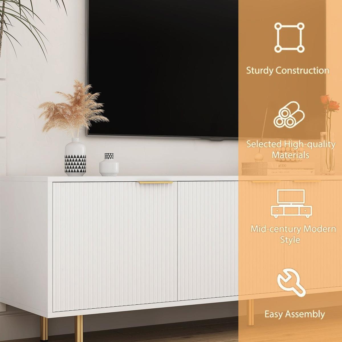 White Modern TV Stand Fluted 68" with Power Outlet, Entertainment Center with Storage Doors, TV Console Media Cabinet, for 55+ Inch TV, Living Room