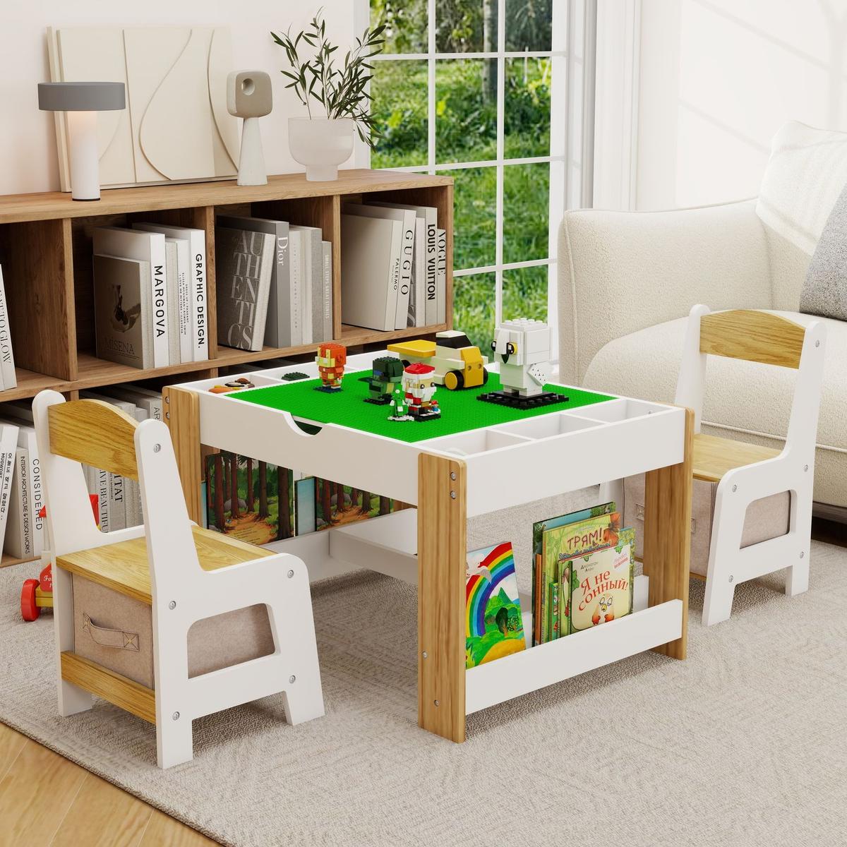 Kids 2 in 1 Play Table & 2 Chairs Set,with 7 Storage Compartments,Compatible with LEGO Building Block,Modern Activity Learning Table Game Furniture-White