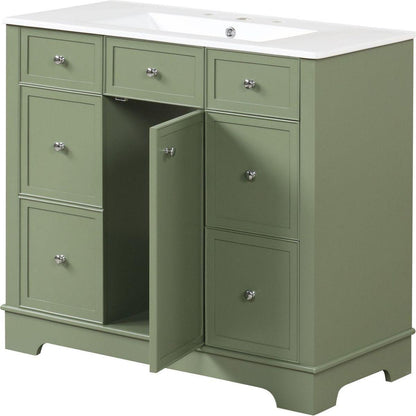 36" Bathroom Vanity with Sink, One Cabinet with Three drawers and One Flip Drawer, Solid Wood and MDF Board, Green