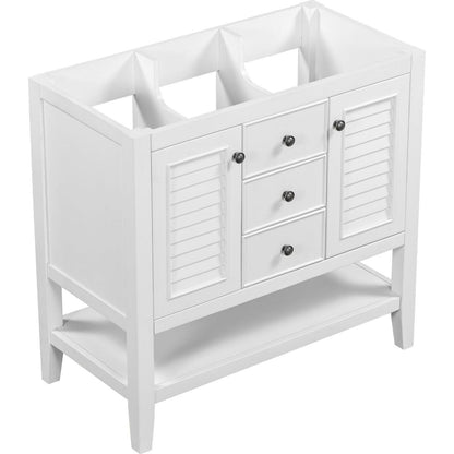 36" Bathroom Vanity without Sink, Cabinet Base Only, Two Cabinets and Drawers, Open Shelf, Solid Wood Frame, White