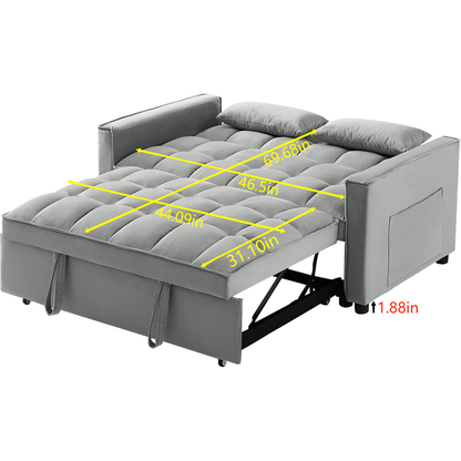 Modern Velvet Loveseat Futon Sofa Couch w/Pullout Bed,Small Love Seat Lounge Sofa w/Reclining Backrest,Toss Pillows, Pockets,Furniture for Living Room,3 in 1 Convertible Sleeper Sofa Bed, Gray