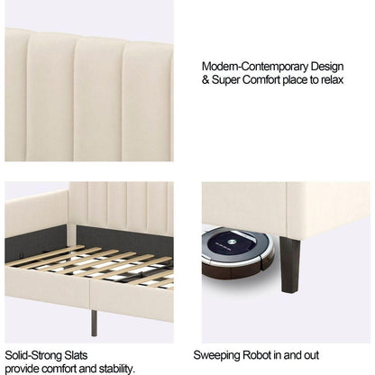 Elena Twin Size Beige Velvet Upholstered Daybed, Ribbed Tufted Backrest, Daybed in Lavish Modern Design, Richly Hued Foam Comfort