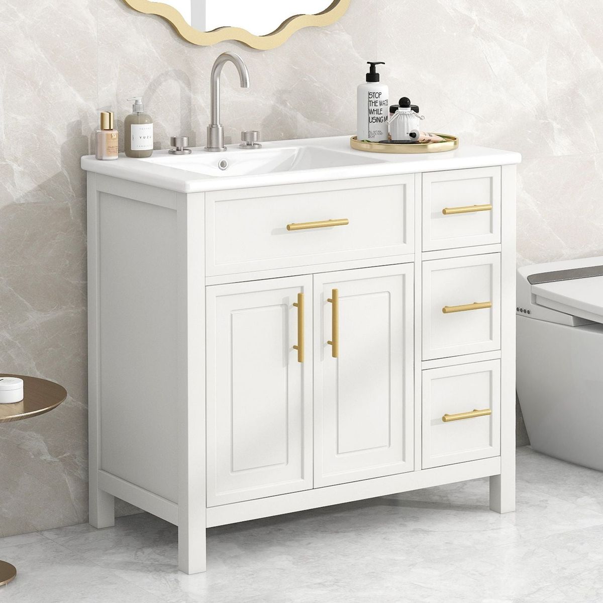 36" Bathroom Vanity with Sink Top, Bathroom Vanity Cabinet with Two Doors and Three Drawers, Solid Wood, MDF Boards, One Package, Off White