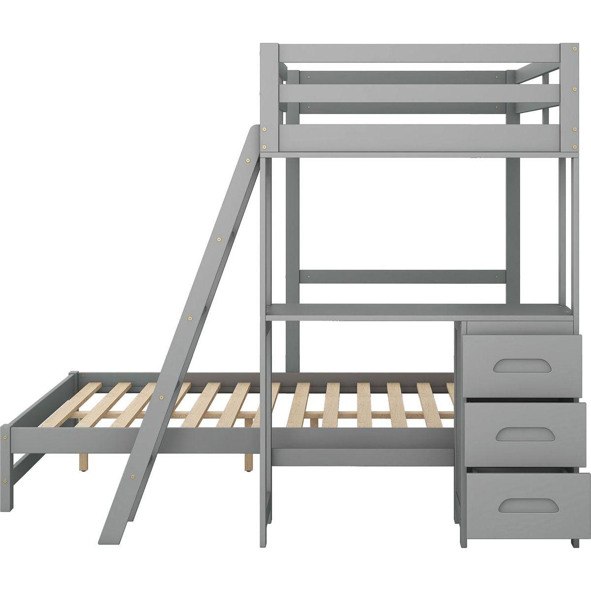 Twin over Full Bunk Bed with Built-in Desk and Three Drawers,Grey