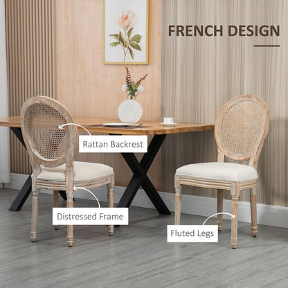 French-Style Upholstered Dining Chair Set, Armless Accent Side Chairs with Rattan Backrest and Linen-Touch Upholstery, Set of 2, Cream White