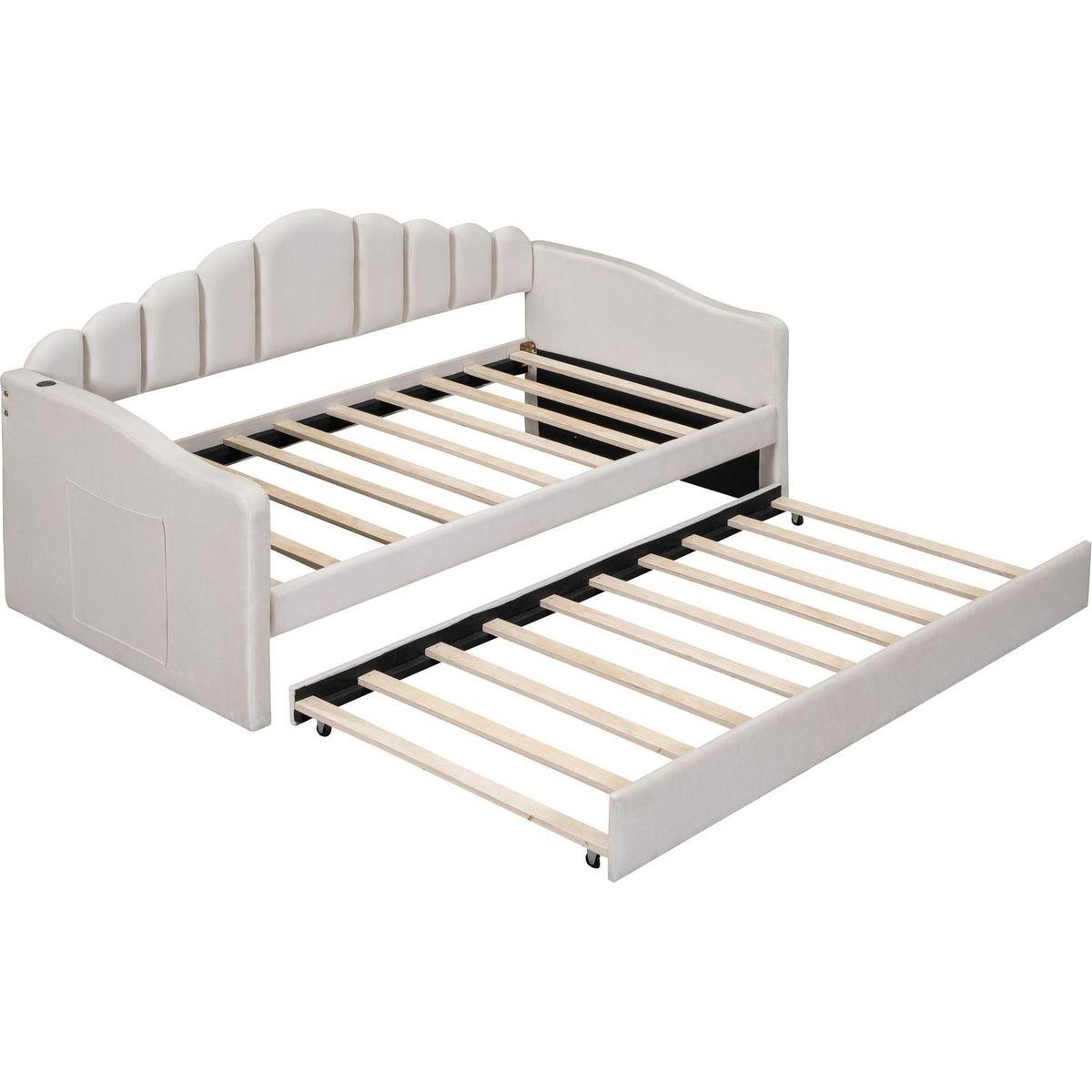 Twin size Upholstered Daybed with Trundle, Velvet Sofabed with USB Charging Ports,No Box-spring Needed,Beige
