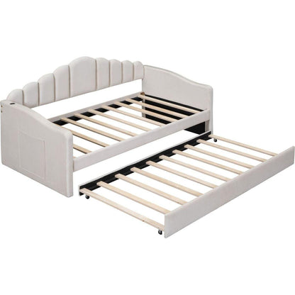 Twin size Upholstered Daybed with Trundle, Velvet Sofabed with USB Charging Ports,No Box-spring Needed,Beige
