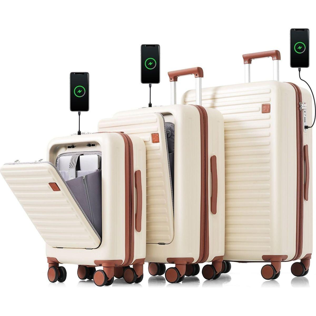 Luggage Set of 3, 20, 24, 28inch with USB Port, 20, 24inch with front opening design Airline Certified Carry on Luggage with Cup Holder, ABS Hard Shell Luggage with Spinner Wheels, ivory and brown