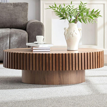 Modern Handcraft Drum Coffee Table Length 43.7 inch Round Coffee Table for Living Room,Small Coffee Table with Sturdy Pedestal,Walnut MDF