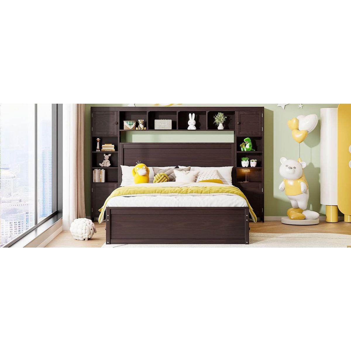 Queen Size Wooden Bed With All-in-One Cabinet, Shelf and Sockets, Espresso