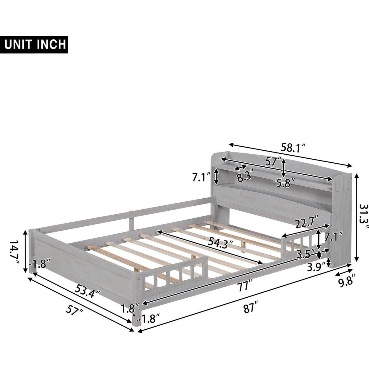Wood Full Size Platform Bed with Built-in LED Light, Storage Headboard and Guardrail, Antique Grey