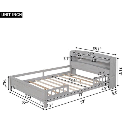 Wood Full Size Platform Bed with Built-in LED Light, Storage Headboard and Guardrail, Antique Grey