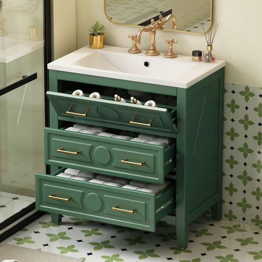 30" Bathroom Vanity with Resin Sink Combo, Free Standing Single Vanity Set with 3 Drawers, Solid Wood Frame Bathroom Storage Cabinet, Green