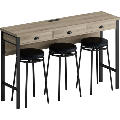 3-Drawer Long Dining Table Set with Power Outlets, Bar Kitchen Table Set with Circular PU Stools, Easy Assemble, Brown Gray Table+Black Stool