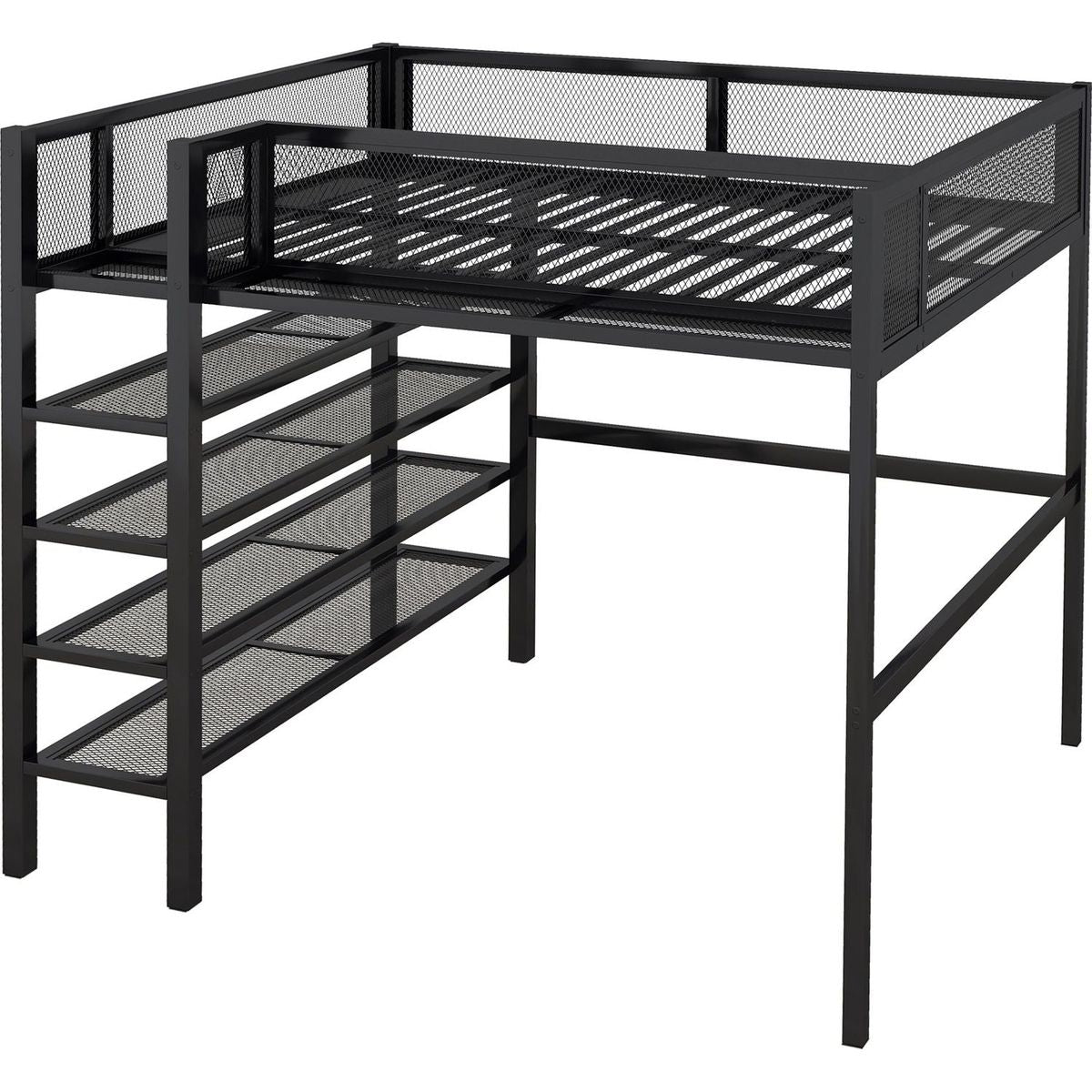 Full Size Metal Loft Bed with 4-Tier Shelves and Storage, Black