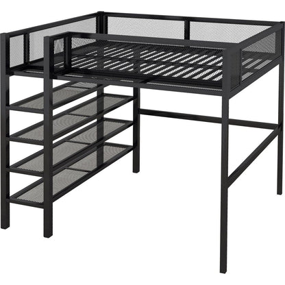 Full Size Metal Loft Bed with 4-Tier Shelves and Storage, Black