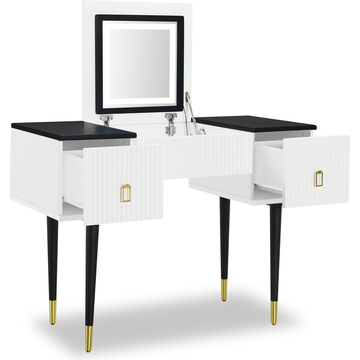 43.3" Modern Vanity Table Set with Flip-top Mirror and LED Light, Dressing Table with Customizable Storage, White and Black