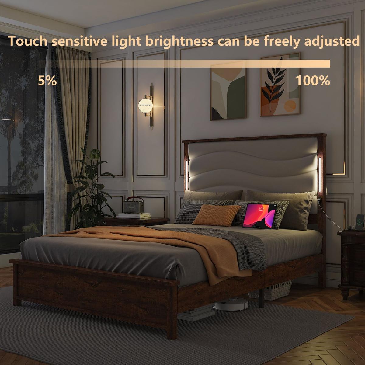 King Size Bed Frame with Upholstered Headboard, King Bed Frame with Charging Station and LED Lights, Wood Slats, Dark Gray Linen, No Box Spring Needed, Easy Assembly