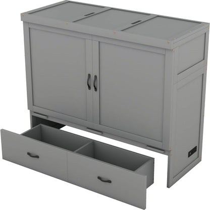 Full Size Murphy Bed with USB Port and a Large Drawer, Gray