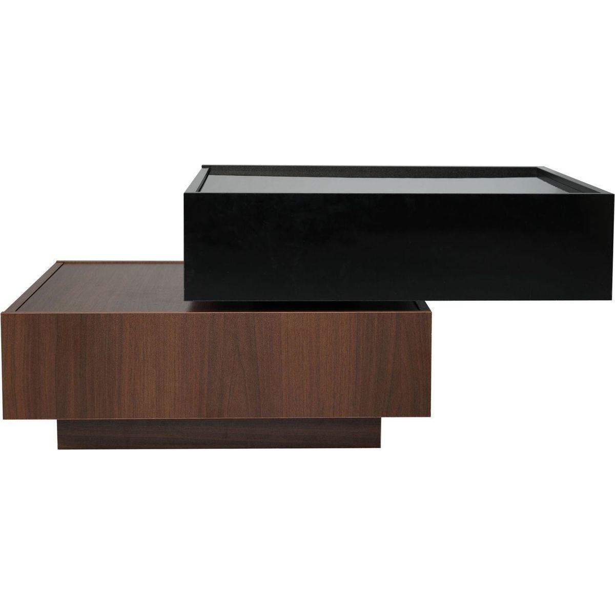 Multi-functional Square 360Rotating Coffee Table with 2 Drawers, High Gloss 2-Tier Center Table with Swivel Tabletop and Storage, Walnut Table Frame Side Table for Living Room, Black