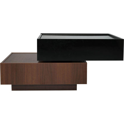 Multi-functional Square 360Rotating Coffee Table with 2 Drawers, High Gloss 2-Tier Center Table with Swivel Tabletop and Storage, Walnut Table Frame Side Table for Living Room, Black