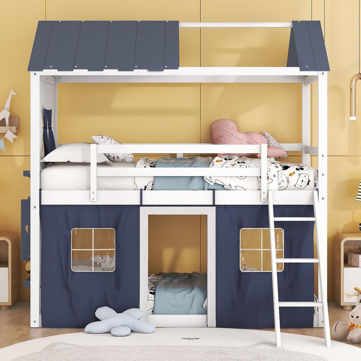 Twin Size Bunk Wood House Bed with Elegant Windows, Sills and Tent, Blue+White