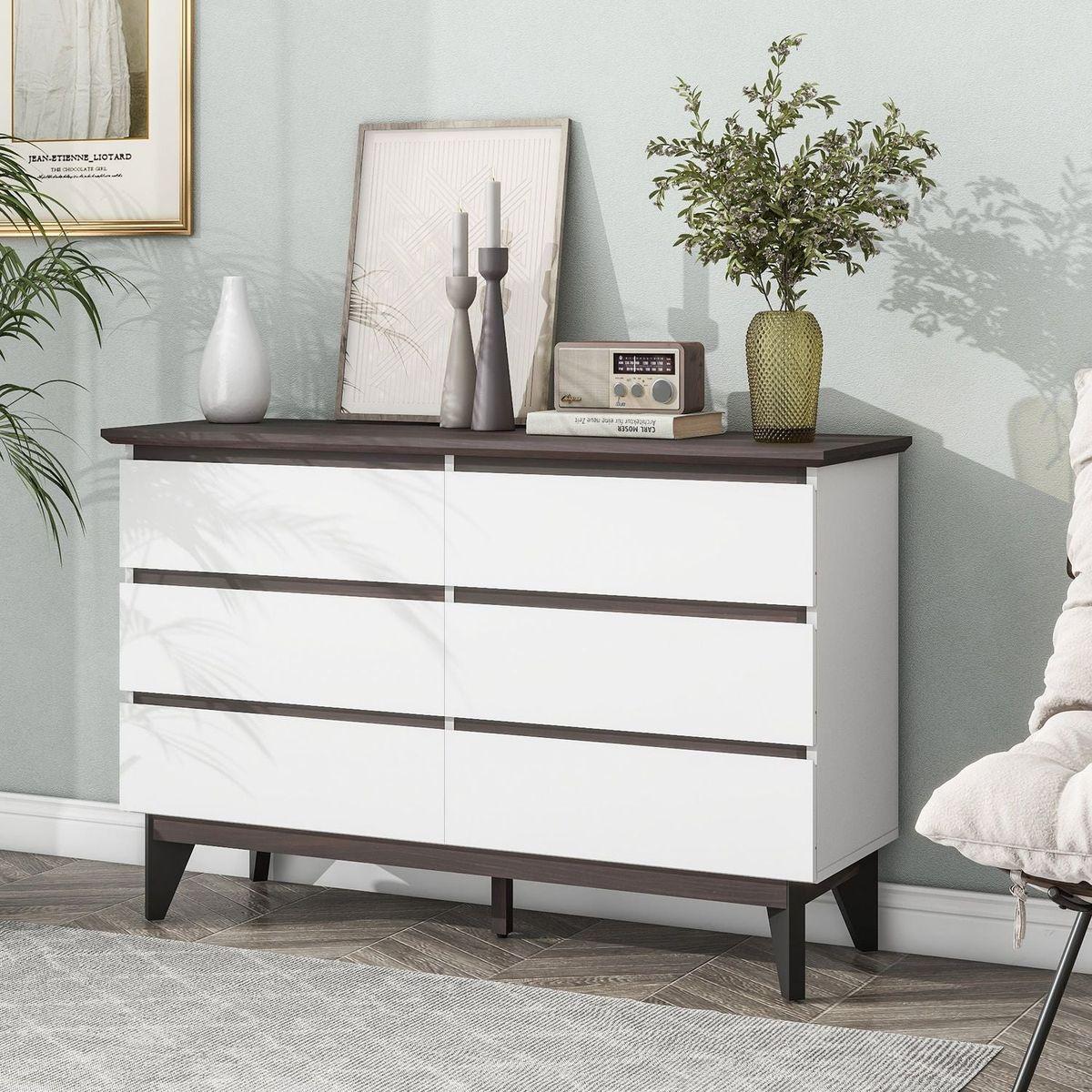 6-Drawer Double Dresser with Wide Drawers,White Dresser for Bedroom, Wood Storage Chest of Drawers for Living Room Hallway Entryway, 47.2" W x 15.74" D x 30 .7"H