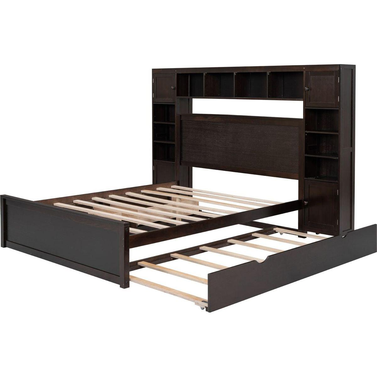 Queen Size Wooden Bed With All-in-One Cabinet, Shelf and Sockets, Espresso