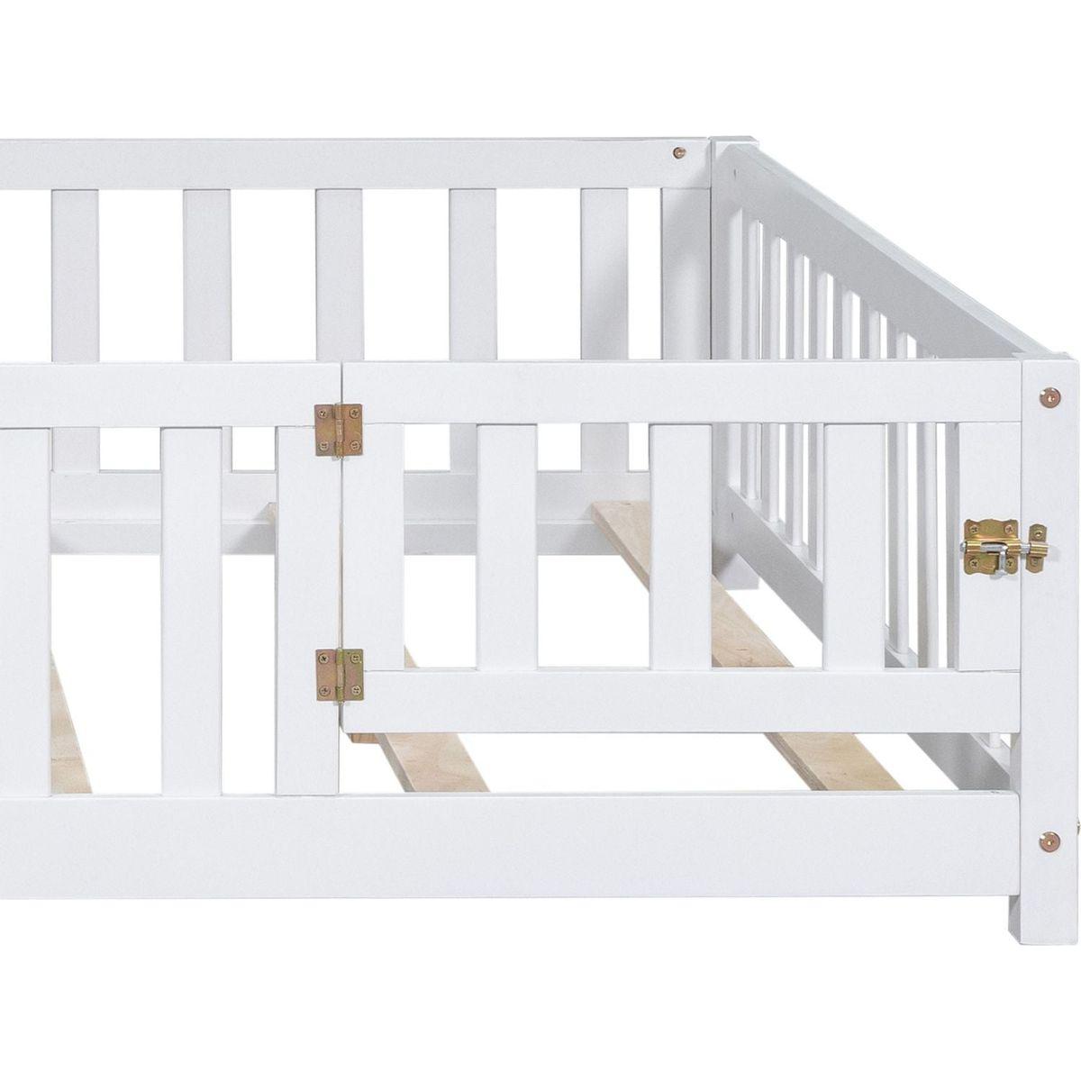 Full Size Floor Platform Bed with Fence and Door for Kids, Montessori Floor Bed Frame with Support Slats for Toddlers, Wooden Floor Bed White