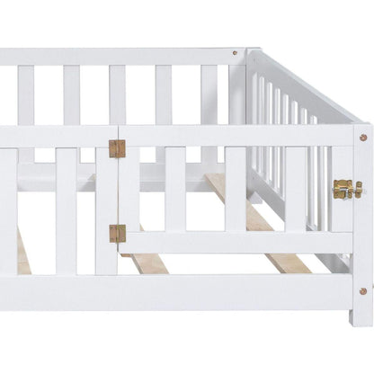 Full Size Floor Platform Bed with Fence and Door for Kids, Montessori Floor Bed Frame with Support Slats for Toddlers, Wooden Floor Bed White