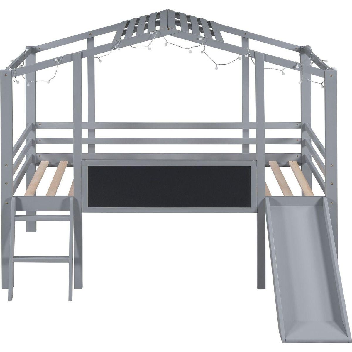 Twin Size Loft Bed with Ladder and Slide, House Bed with Blackboard and Light Strip on the Roof, Gray