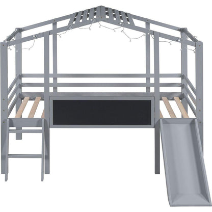 Twin Size Loft Bed with Ladder and Slide, House Bed with Blackboard and Light Strip on the Roof, Gray