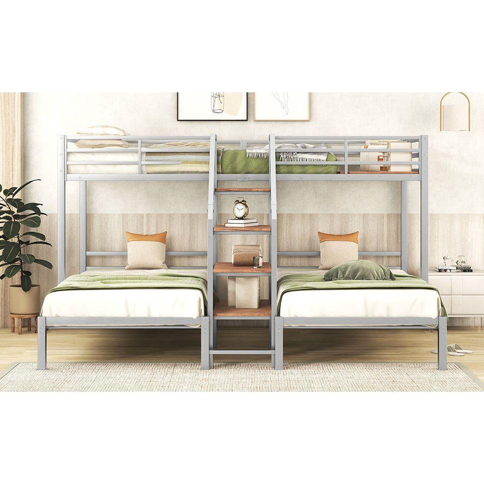 Metal Twin over Twin & Twin Bunk Bed, Triple Bunk Bed with Storage Shelves Staircase, Silver