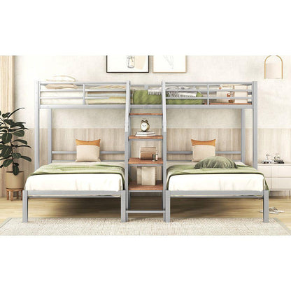 Metal Twin over Twin & Twin Bunk Bed, Triple Bunk Bed with Storage Shelves Staircase, Silver