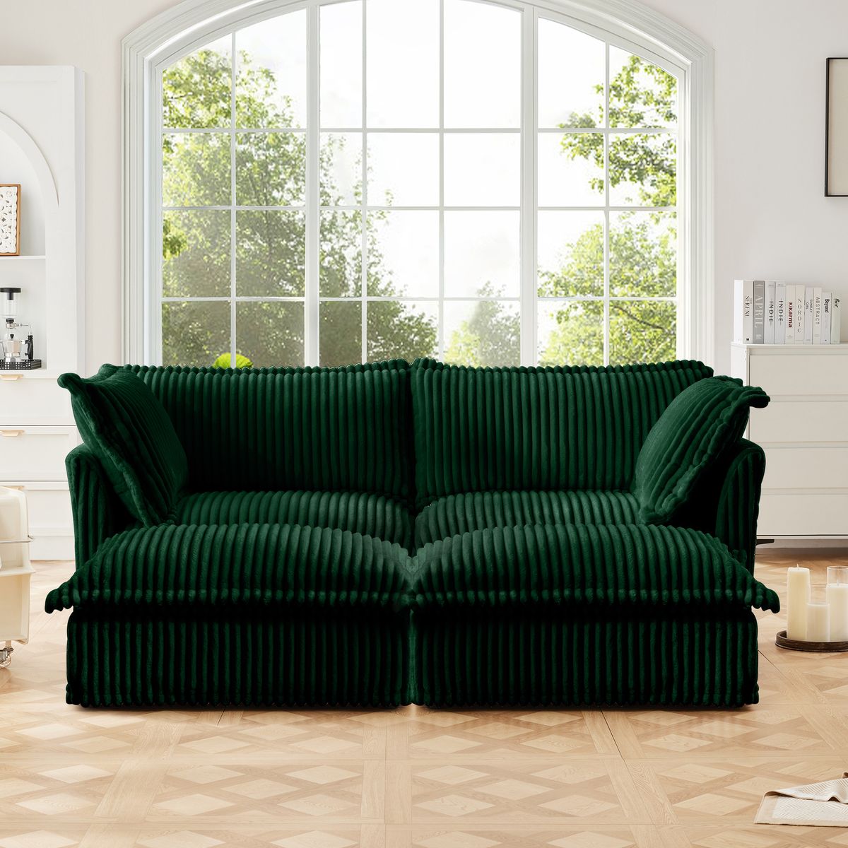 Slipcovered Sofa 2 Seater Sofa    With 2 Ottomans, 2 Seater Sleeper Sofa Bed Home Theater Oversized Sofa For Living Room, Corduroy, Green