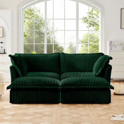 Slipcovered Sofa 2 Seater Sofa    With 2 Ottomans, 2 Seater Sleeper Sofa Bed Home Theater Oversized Sofa For Living Room, Corduroy, Green