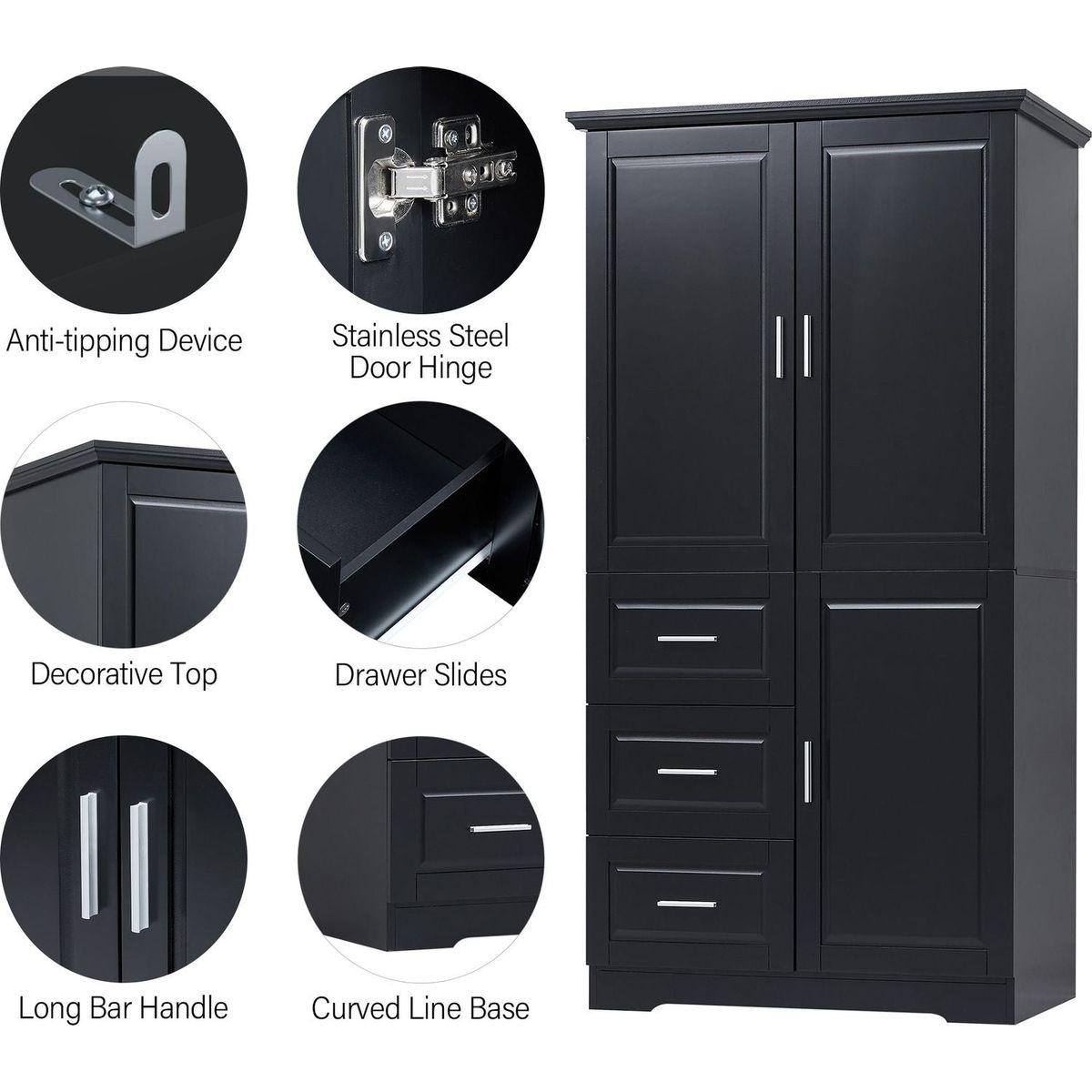 Tall and Wide Storage Cabinet with Doors for Bathroom/Office, Three Drawers, Black