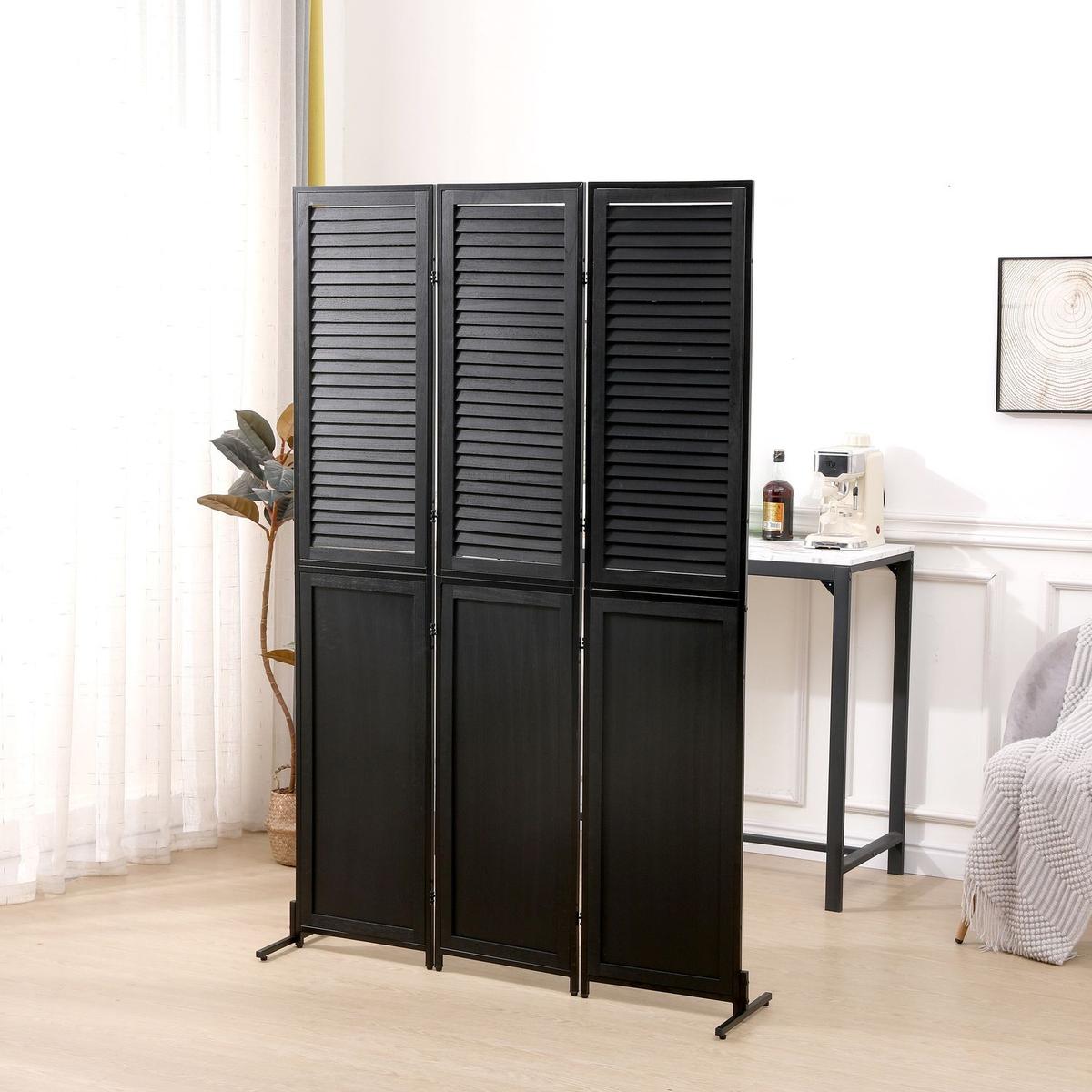 3 Panel Room Divider 6Ft Wood Folding Privacy Screen Black Room Separator Free Standing Wall Dividers (Black)